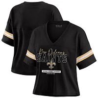 T-shirt court à col en V et blocs de couleurs pour femme WEAR by Erin Andrews, noir, style boxy, des New Orleans Saints