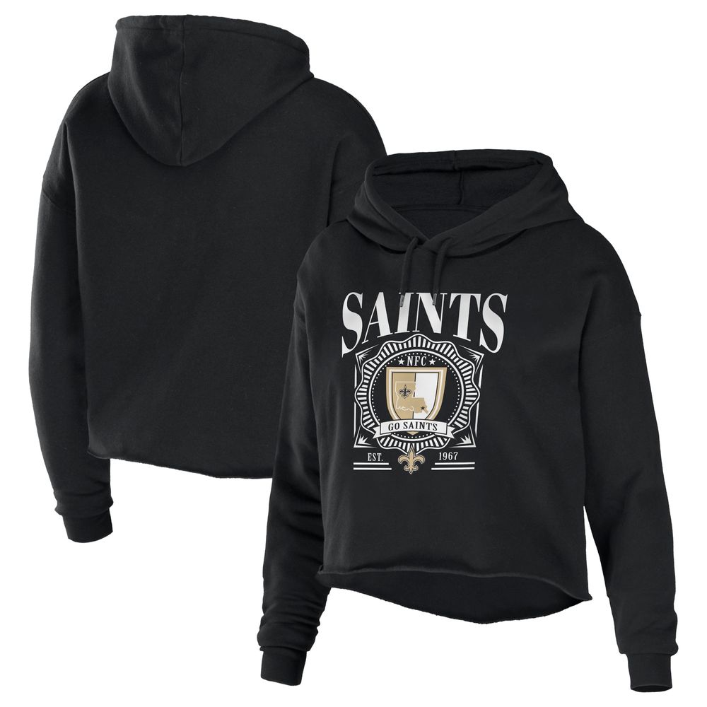 Women's WEAR by Erin Andrews Black New Orleans Saints Cropped Sponge Fleece Pullover Hoodie