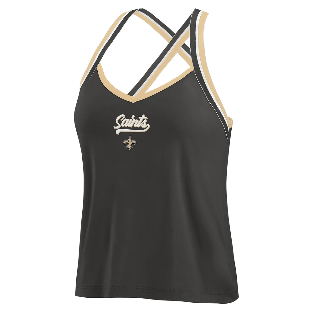 Women's WEAR by Erin Andrews Black New Orleans Saints Cross Strap Tri-Blend Tank Top