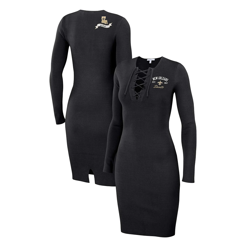 Women's WEAR by Erin Andrews Black New Orleans Saints Lace Up Long Sleeve Dress