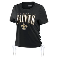 Women's WEAR by Erin Andrews Black New Orleans Saints Lace Up Side Modest Cropped T-Shirt