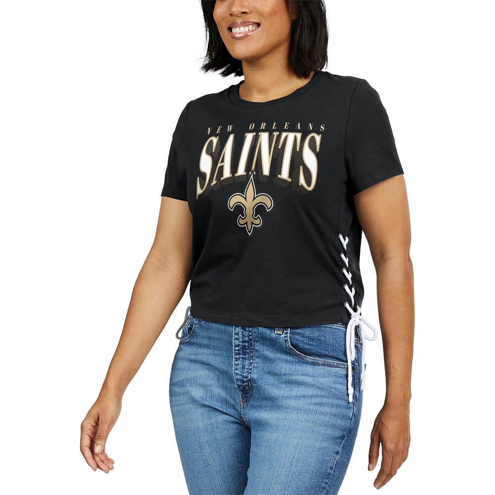 T-shirt court à lacets sur le côté pour femme WEAR by Erin Andrews, noir, des New Orleans Saints