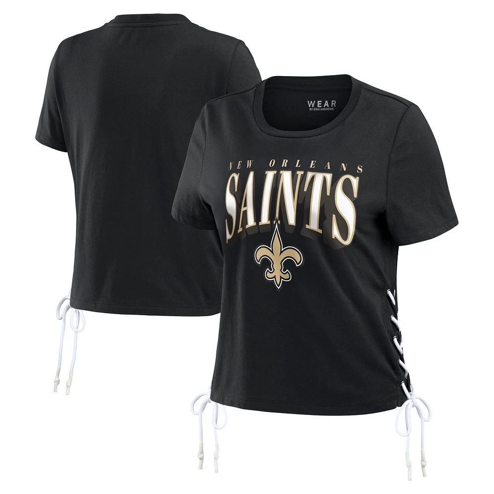 Women's WEAR by Erin Andrews Black New Orleans Saints Lace Up Side Modest Cropped T-Shirt