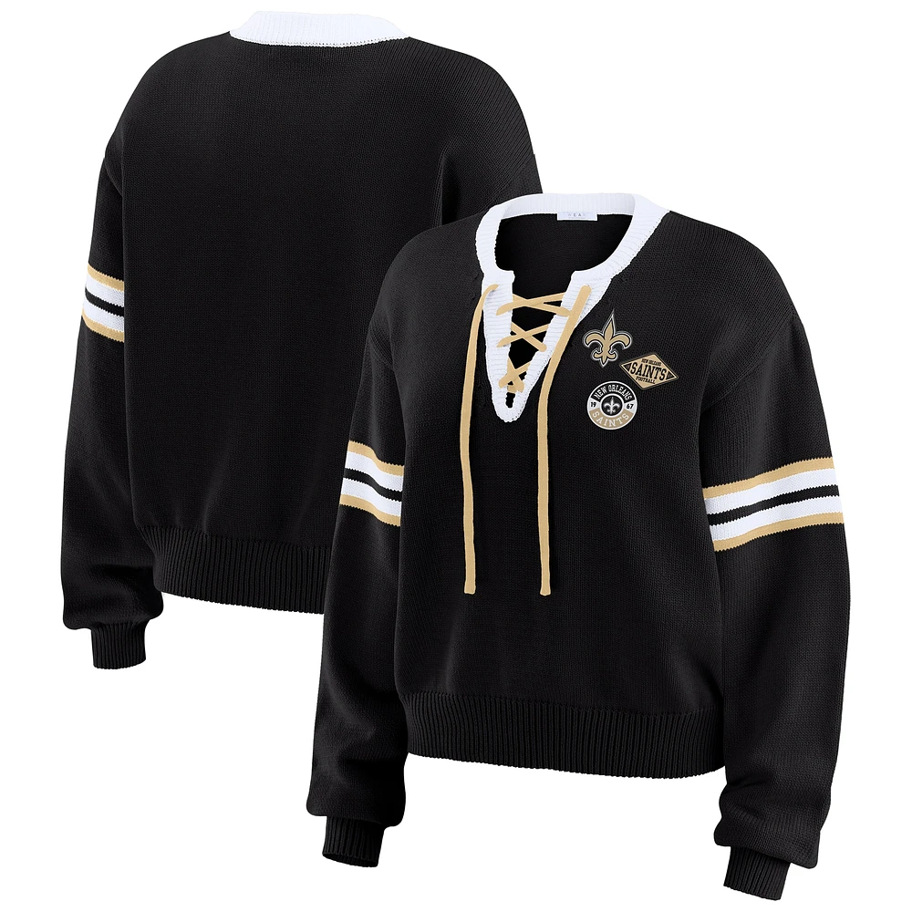 Women's WEAR by Erin Andrews Black  New Orleans Saints Lace-Up Sweater