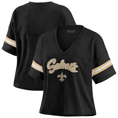 Women's WEAR by Erin Andrews Black New Orleans Saints Plus Color Block Boxy V-Neck T-Shirt