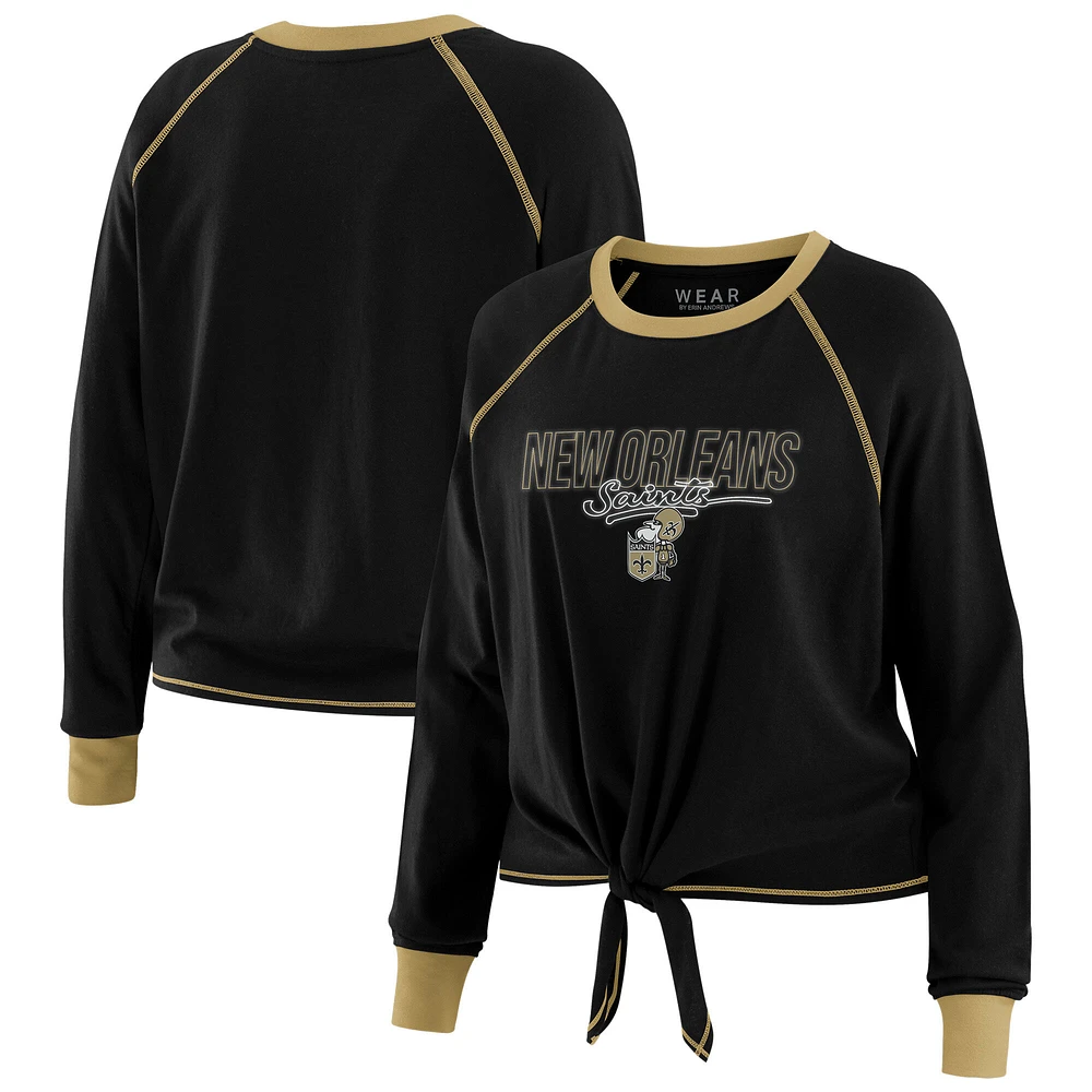 T-shirt à manches longues nouer sur le devant noir New Orleans Saints pour femme WEAR by Erin Andrews