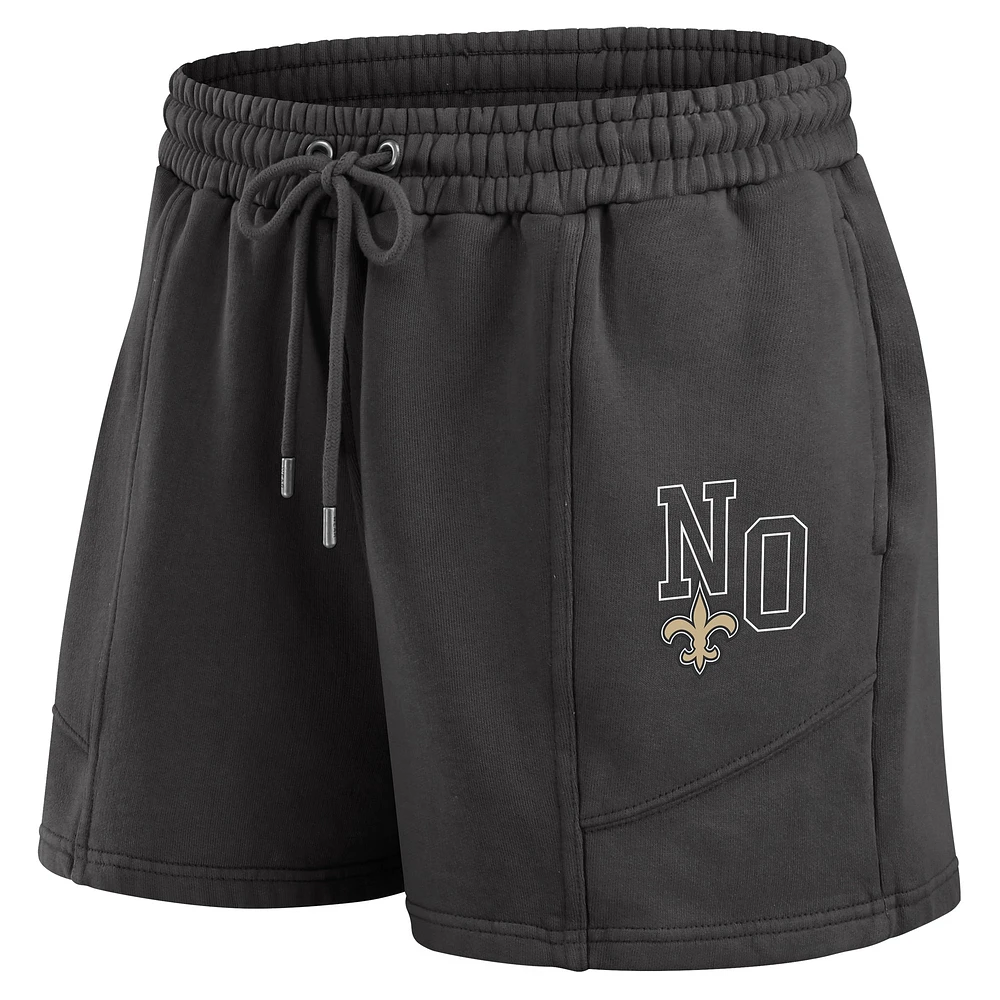 Women's WEAR by Erin Andrews Black New Orleans Saints Washed Fleece Long Sleeve T-Shirt & Shorts Lounge Set