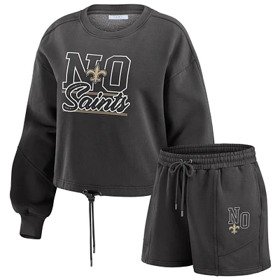 Ensemble de détente pour femme WEAR by Erin Andrews avec t-shirt à manches longues et short en molleton délavé noir New Orleans Saints