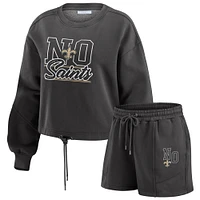 Women's WEAR by Erin Andrews Black New Orleans Saints Washed Fleece Long Sleeve T-Shirt & Shorts Lounge Set