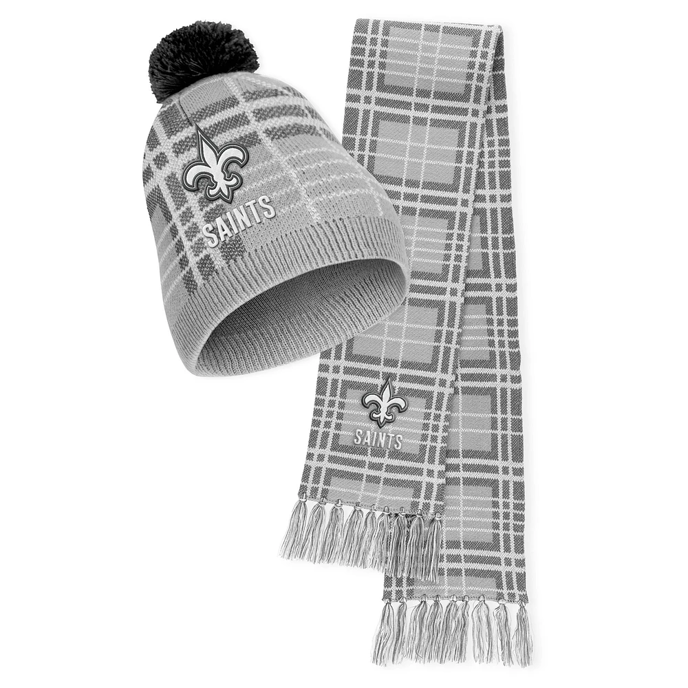 Women's WEAR by Erin Andrews New Orleans Saints Plaid Knit Hat with Pom & Scarf Set