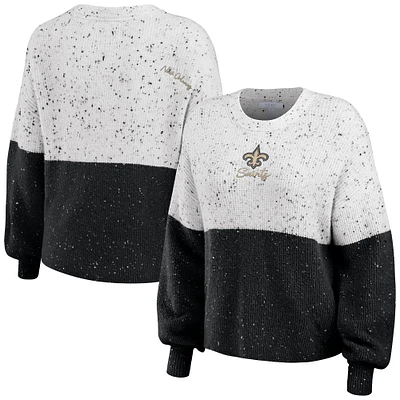 Women's WEAR by Erin Andrews  White/Black New Orleans Saints Lighweight Modest Crop Color-Block Pullover Sweater