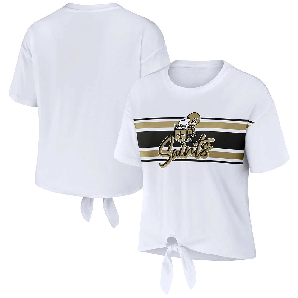 T-shirt rétro à nouer sur le devant blanc New Orleans Saints pour femme WEAR by Erin Andrews