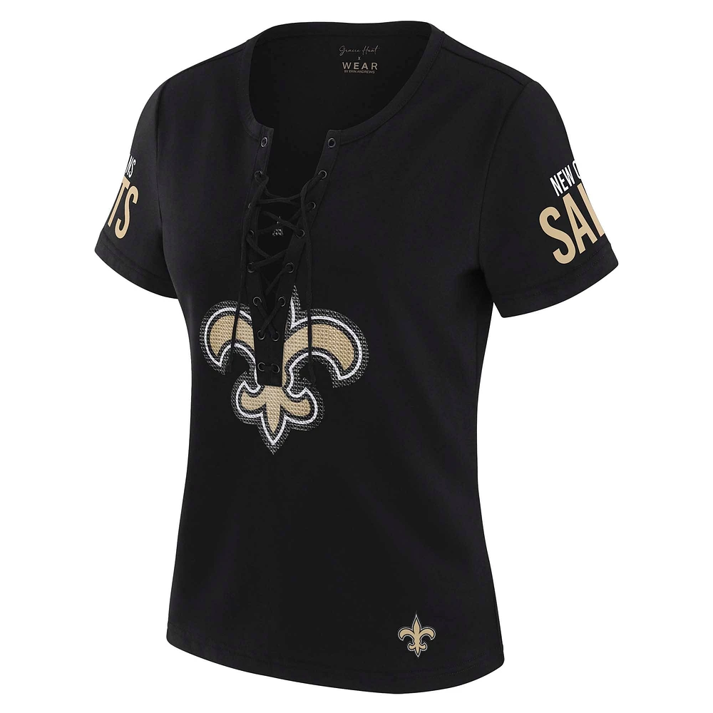 Women's WEAR by Erin Andrews x Gracie Hunt Black New Orleans Saints Draft Me Lace-Up T-Shirt