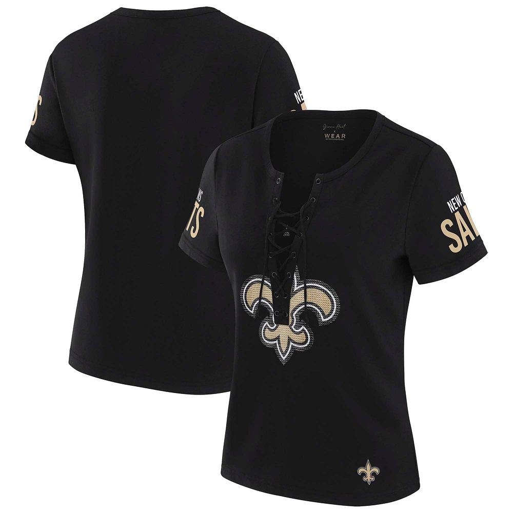 Women's WEAR by Erin Andrews x Gracie Hunt Black New Orleans Saints Draft Me Lace-Up T-Shirt