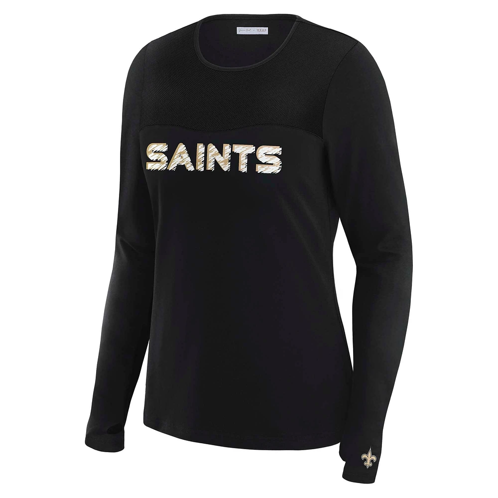 Women's WEAR by Erin Andrews x Gracie Hunt Black New Orleans Saints Mesh Panel Long Sleeve T-Shirt