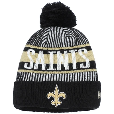 Bonnet en tricot à revers rayé New Era New Orleans Saints noir avec pompon pour jeune