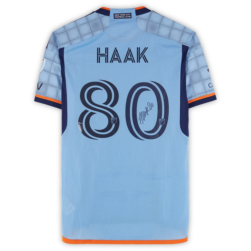 Maillot adidas bleu ciel dédicacé Justin Haak du New York City FC n° 80, utilisé lors du match de la saison 2024 de la MLS - Taille M
