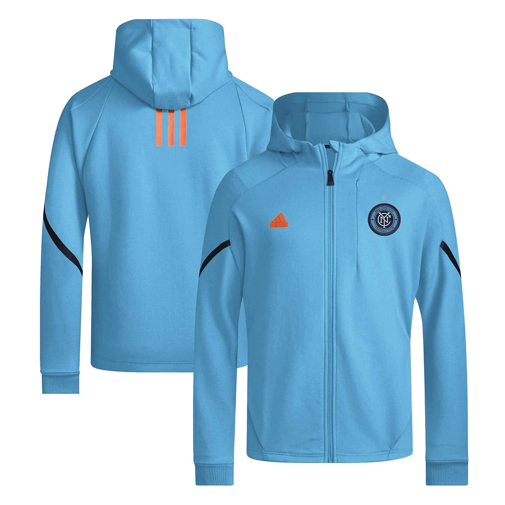 Veste adidas bleu ciel New York City FC 2024 Anthem Travel à manches raglan et fermeture éclair pour homme