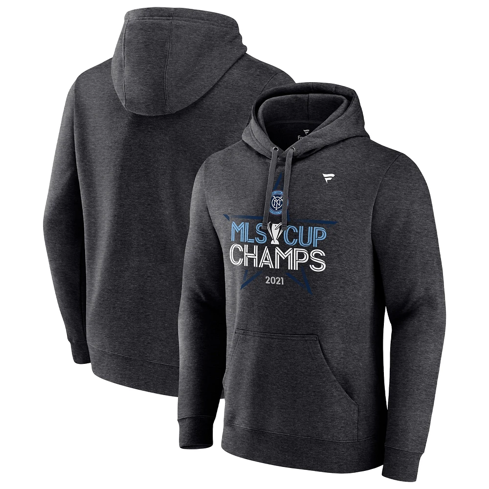 Sweat à capuche ajusté pour homme, anthracite chiné, New York City FC 2021 Champions de la Coupe MLS marque Fanatics