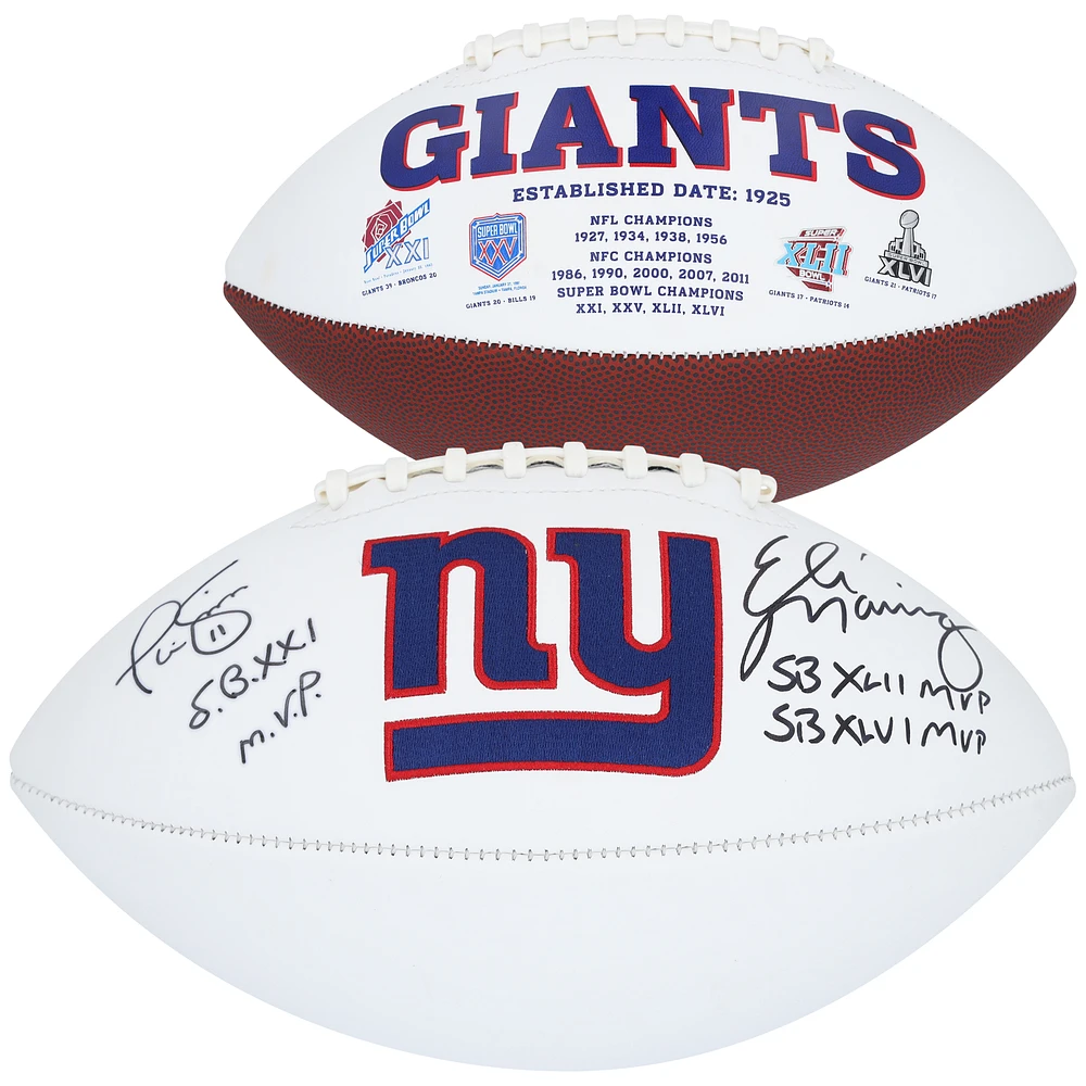 Eli Manning & Phil Simms New York Giants Autographed White Panel Football with Multiple Super Bowl MVP Inscriptions