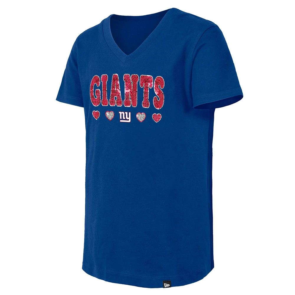 Girls Youth New Era Royal York Giants Flip Sequin V-Neck T-Shirt