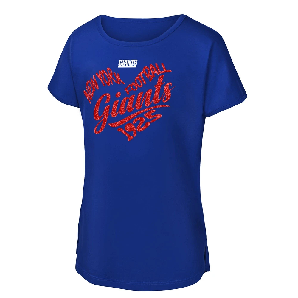 Girls Youth Royal New York Giants Script Heart Dolman T-Shirt