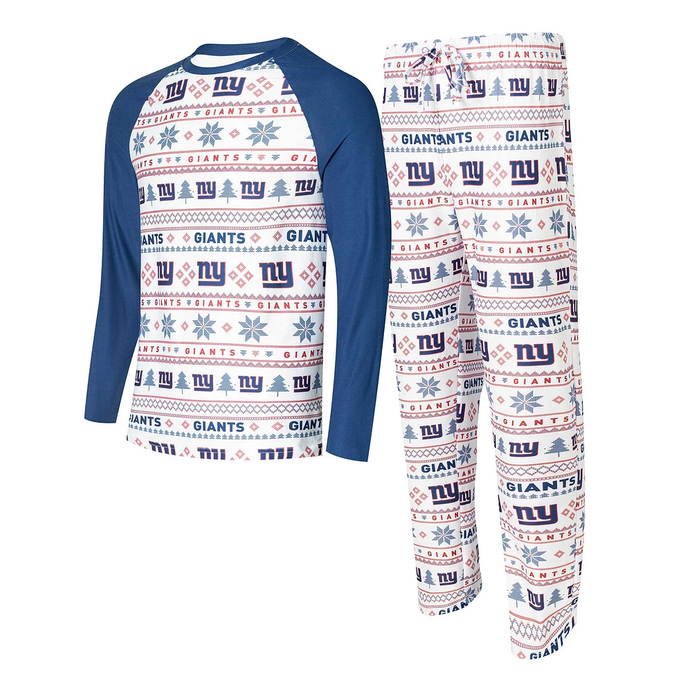 Ensemble de nuit Concepts Sport blanc/royal New York Giants Tinsel T-shirt à manches longues et pantalon raglan pour hommes