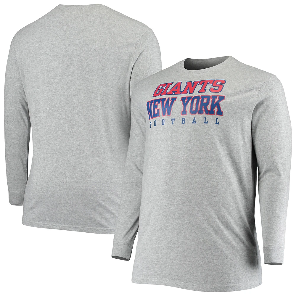 T-shirt à manches longues Fanatics Heathered Grey New York Giants Big & Tall Practice pour hommes