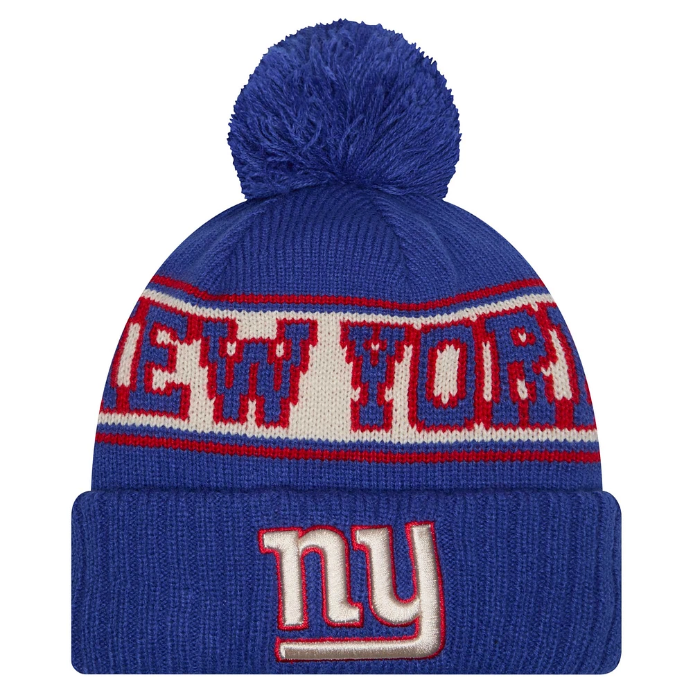 Bonnet en tricot à revers rétro New Era Royal New York Giants pour homme avec pompon