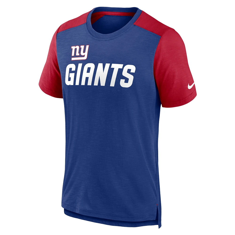 T-shirt avec nom de l'équipe des New York Giants Nike pour homme, bleu chiné/rouge chiné, blocs couleurs