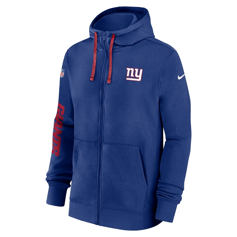 Sweat à capuche entièrement zippé Nike Royal New York Giants 2024 Sideline Club pour homme