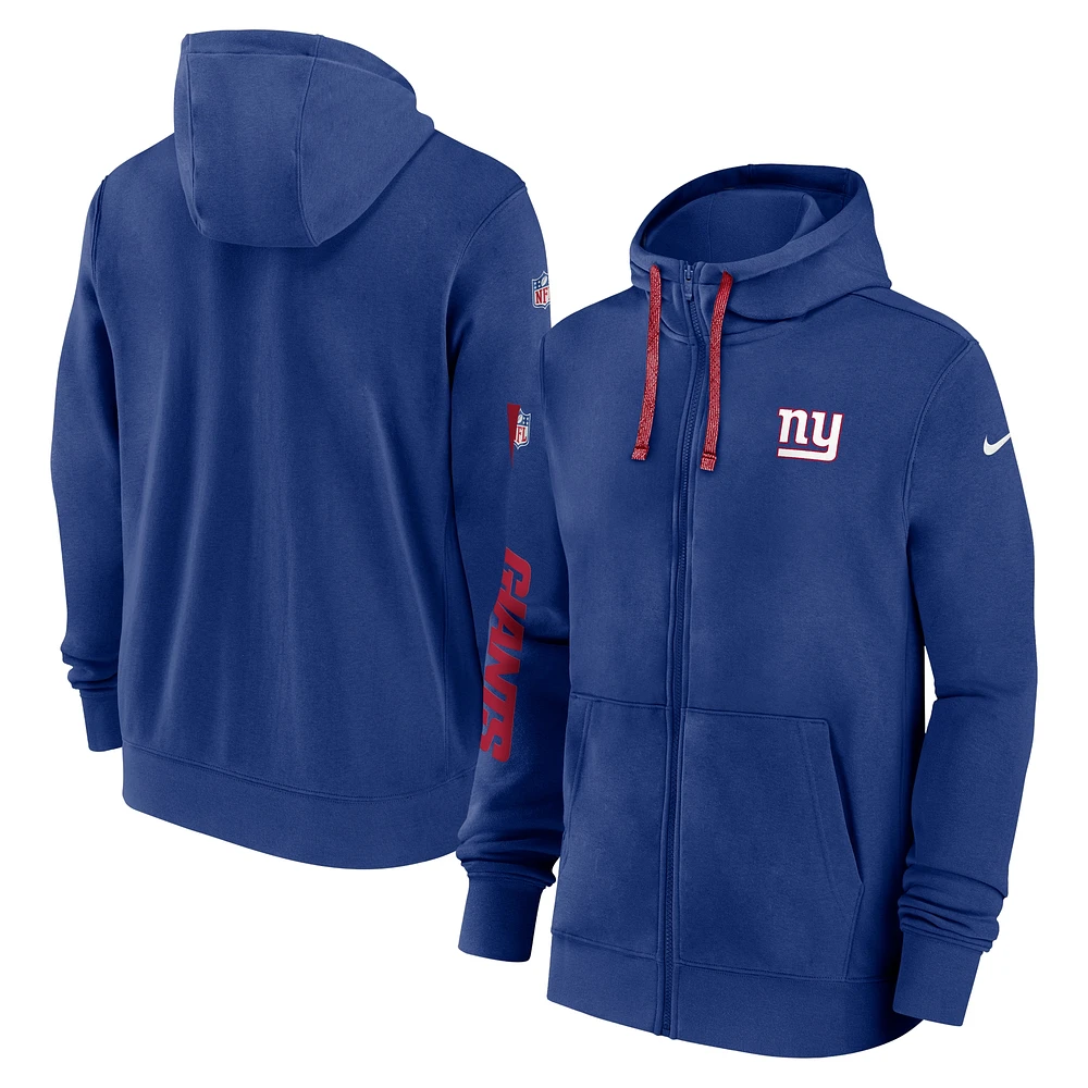 Sweat à capuche entièrement zippé Nike Royal New York Giants 2024 Sideline Club pour homme