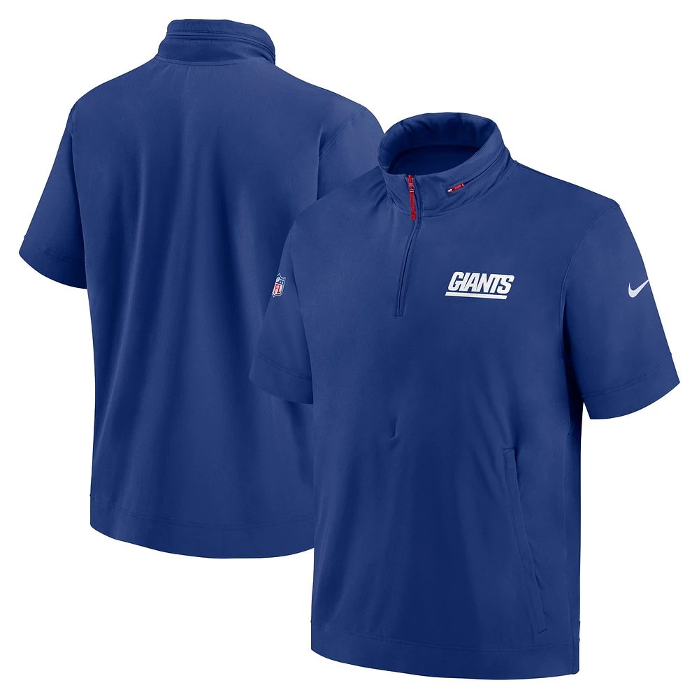 Men's Nike Royal New York Giants 2024 Sideline Coach Short Sleeve Half-Zip Hoodie Jacket