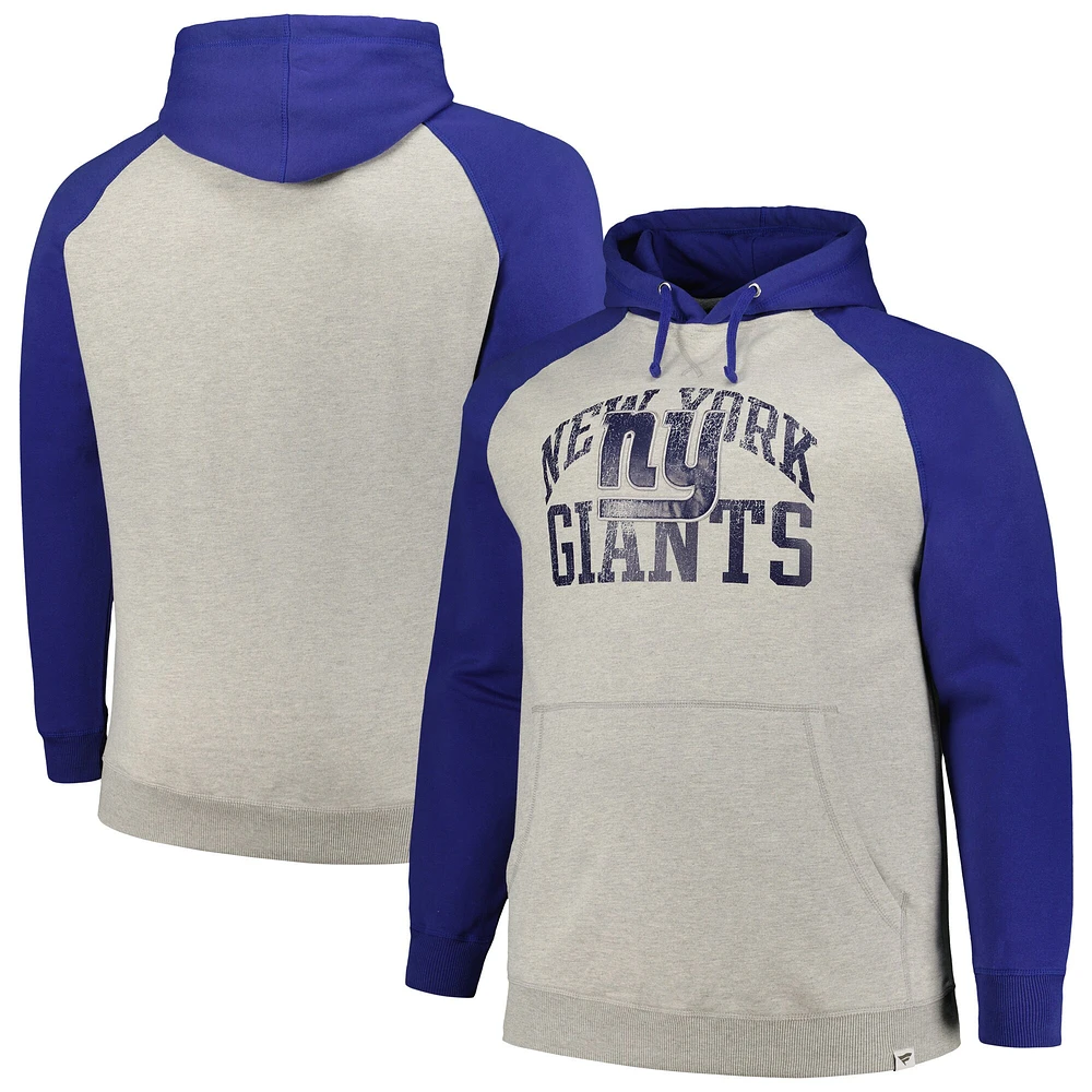 Profil pour hommes Heather Grey/Royal New York Giants Big & Tall Favorite Arch Throwback Raglan Pull à capuche