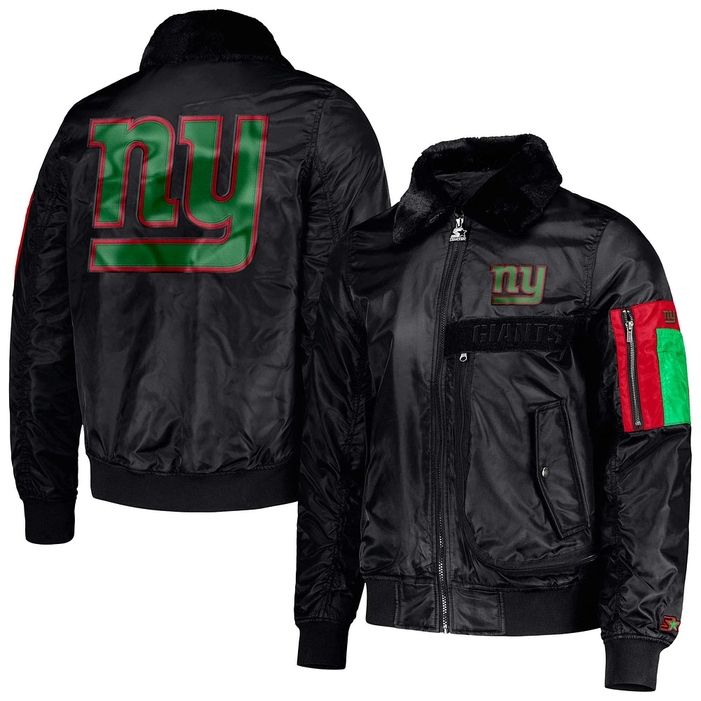 Veste Starter x Ty Mopkins noire pour homme du Mois de l'histoire des Noirs Giants New York en satin entièrement zippée