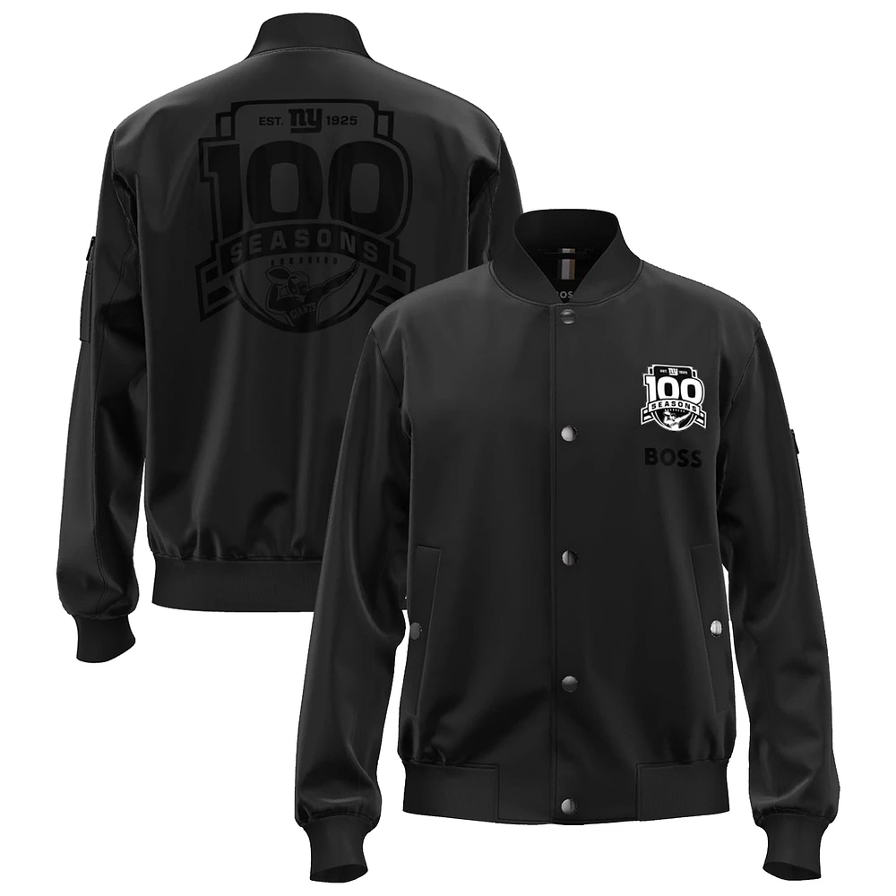 Blouson aviateur unisexe noir Hugo Boss New York Giants 100e saison à boutons-pression