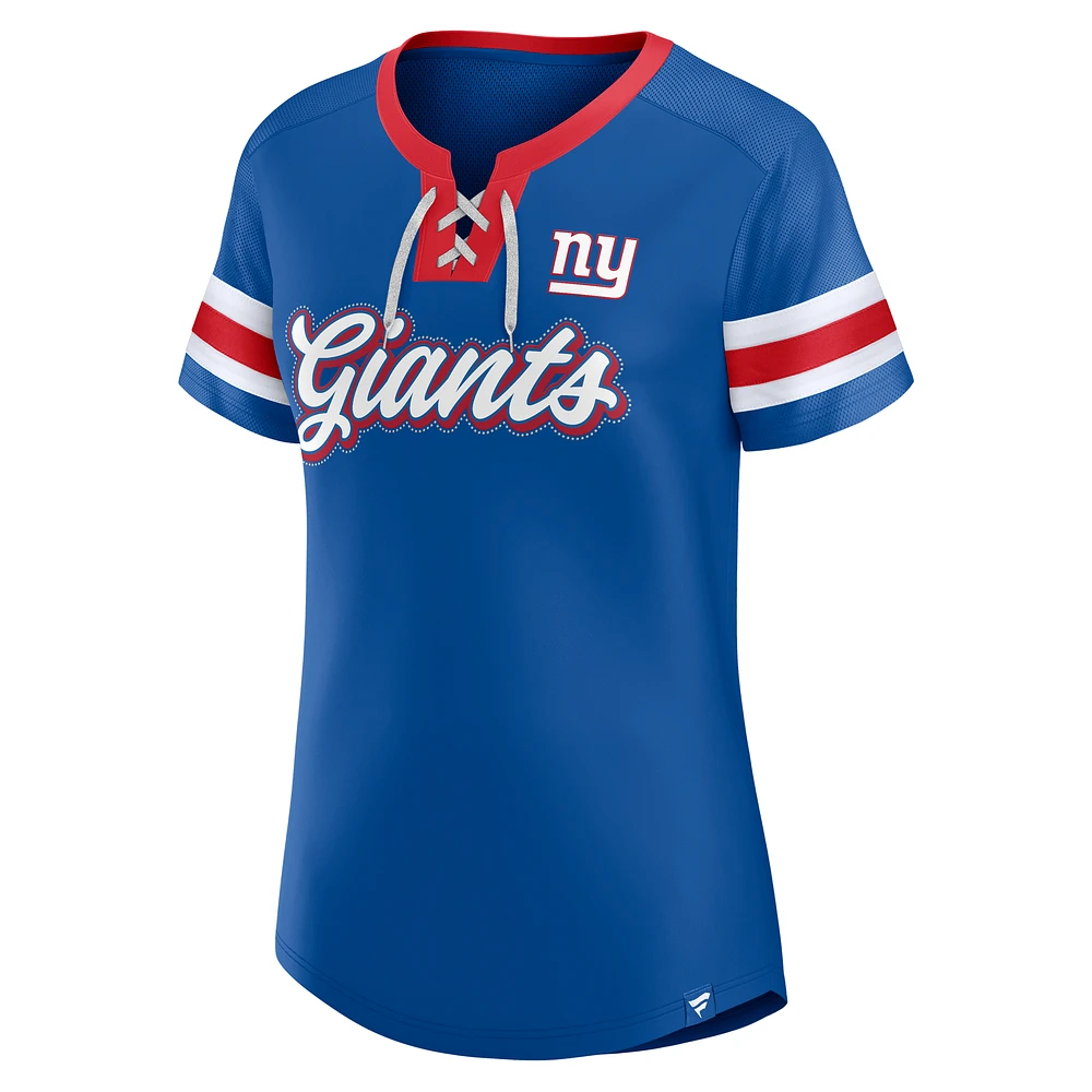 Women's Fanatics  Royal New York Giants True Catch Iconic Rhinestone Bling Athena Lace-Up T-Shirt