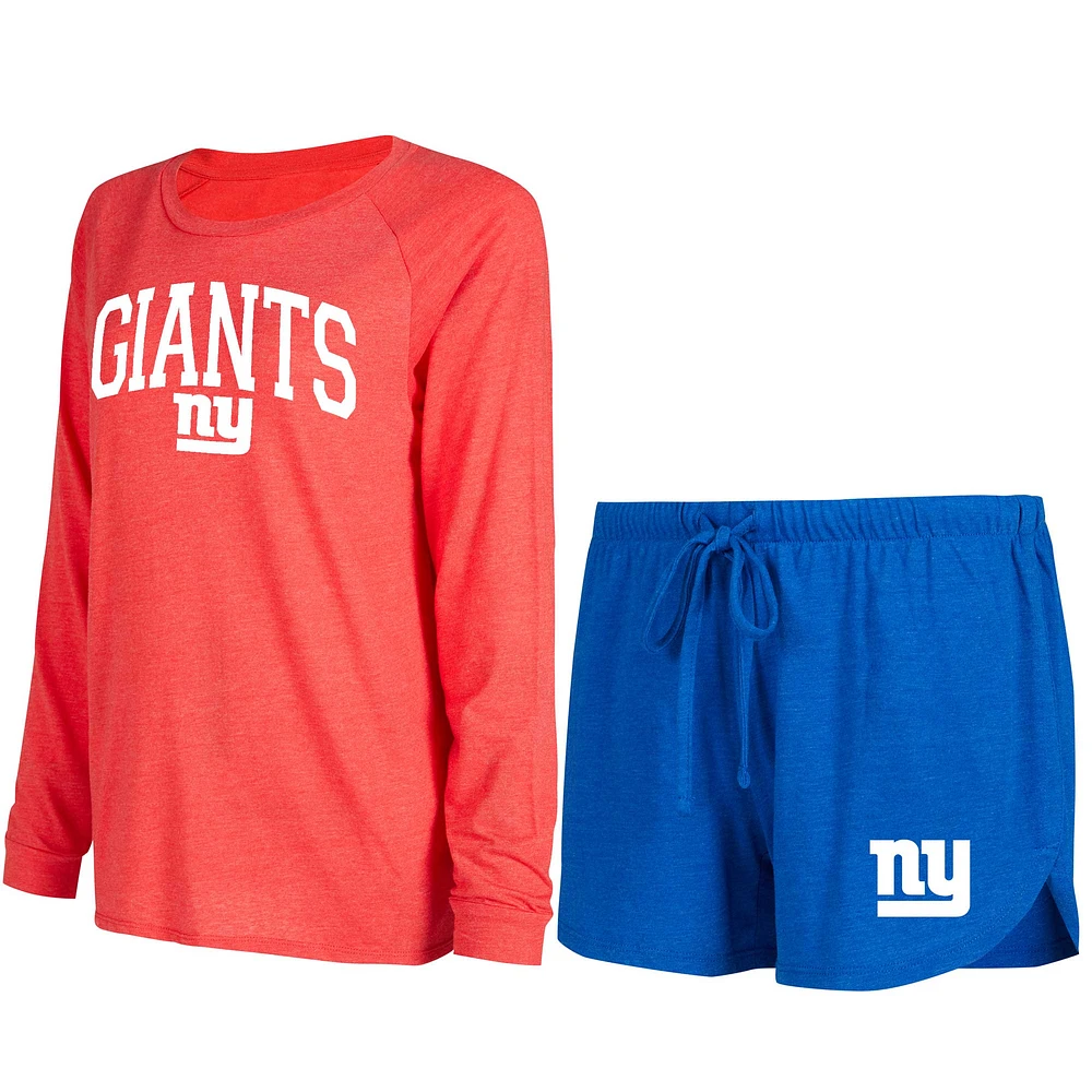 Ensemble de détente T-shirt et short à manches longues raglan Concepts Sport Royal/Rouge New York Giants pour femmes