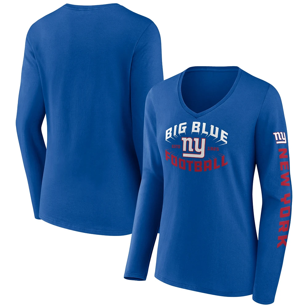 T-shirt à manches longues et col en V Fanatics Royal New York Giants pour femmes