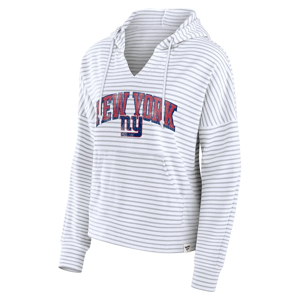 Women's Fanatics White/Gray New York Giants Striped Notch Neck Pullover Hoodie