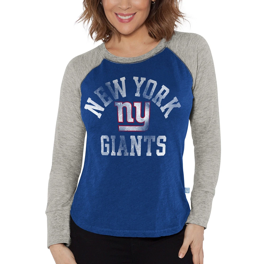 T-shirt à manches longues raglan en tricot gaufré G-III 4Her par Carl Banks Royal/Heather Grey pour femmes des Giants de New York