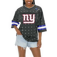 Women's Gameday Couture Anthracite New York Giants Kickoff Time Allover Rhinestone Sports Stripe Jersey V-Neck T-Shirt