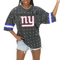 Women's Gameday Couture Anthracite New York Giants Kickoff Time Allover Rhinestone Sports Stripe Jersey V-Neck T-Shirt