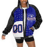 Veste bomber surdimensionnée à boutons-pression et strass Gameday Couture pour femme, noire/bleue, des New York Giants, avec logo Hot Shot