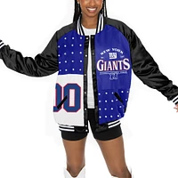 Women's Gameday Couture  Black/Royal New York Giants Oversized Hot Shot Rhinestone Throwback Full-Snap Varsity Bomber Jacket