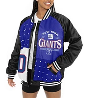 Veste bomber surdimensionnée à boutons-pression et strass Gameday Couture pour femme, noire/bleue, des New York Giants, avec logo Hot Shot