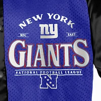 Veste bomber surdimensionnée à boutons-pression et strass Gameday Couture pour femme, noire/bleue, des New York Giants, avec logo Hot Shot