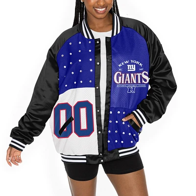 Veste bomber surdimensionnée à boutons-pression et strass Gameday Couture pour femme, noire/bleue, des New York Giants, avec logo Hot Shot