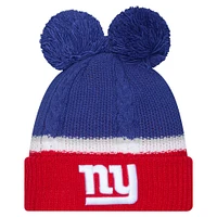 Bonnet en tricot à revers à double bulle avec pompons New Era Royal New York Giants pour femme