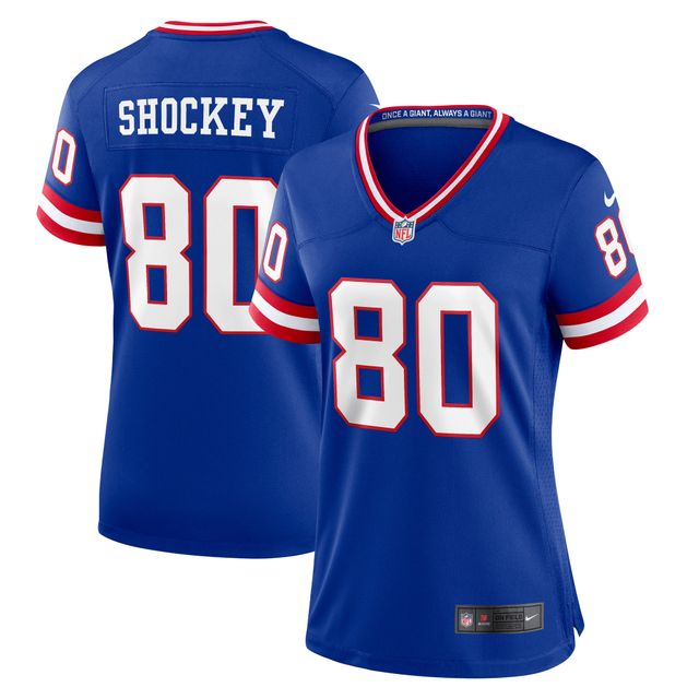 Maillot de match classique joueur retraité Nike Jeremy Shockey Royal New York Giants pour femme